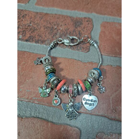 Silver Tone Guardian Angel Dangle Charm Bracelet Slide Beads Retro 7.75" - Picture 1 of 4